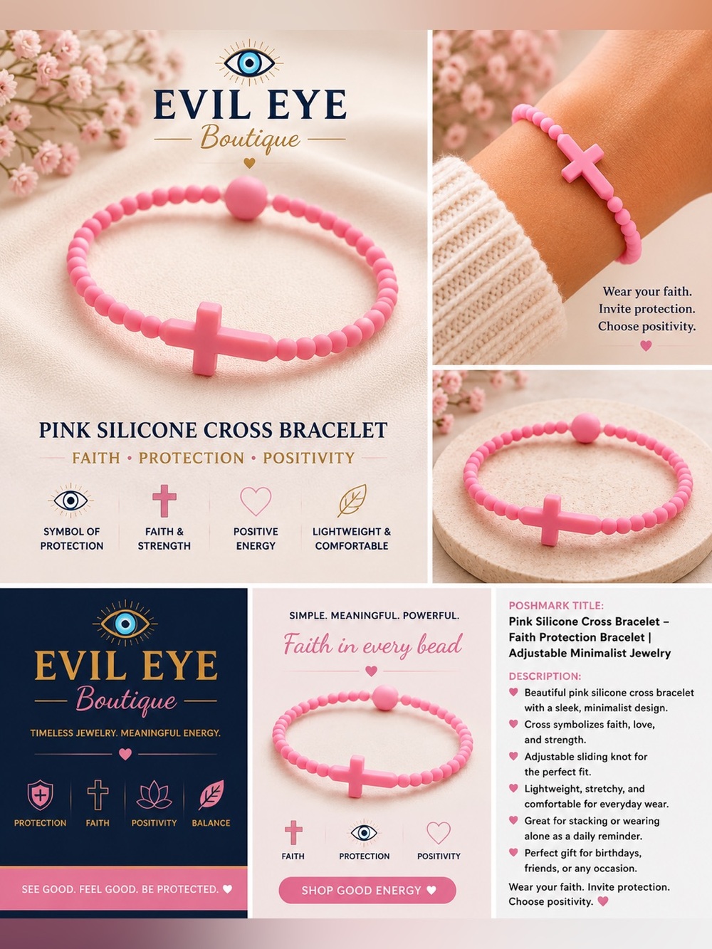 Evil Eye Boutique Pink Silicone Cross Bracelet